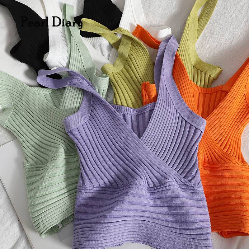 极速Pearl Diary Women Rib Tank Tops Summer Wrap Front Sexy V