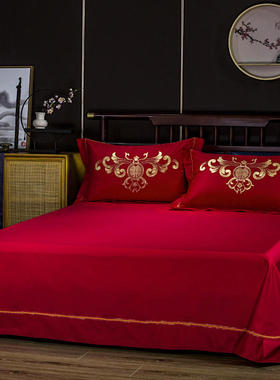 2021大红婚庆床单纯棉结婚红色全棉床单三件套1.8R米2.0m床上用品