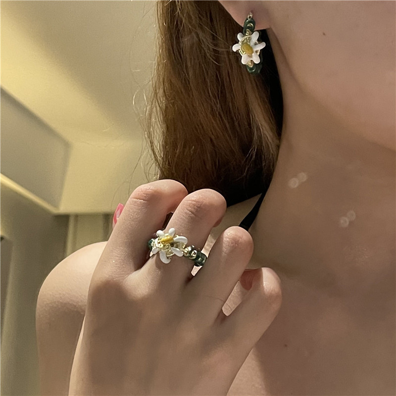 新品glaze flower fashion court style index finger ring earri