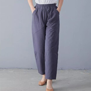 中老年休闲保暖裤 24秋冬季 棉麻妈妈宽松显瘦松紧裤 夹棉长裤 子 棉裤