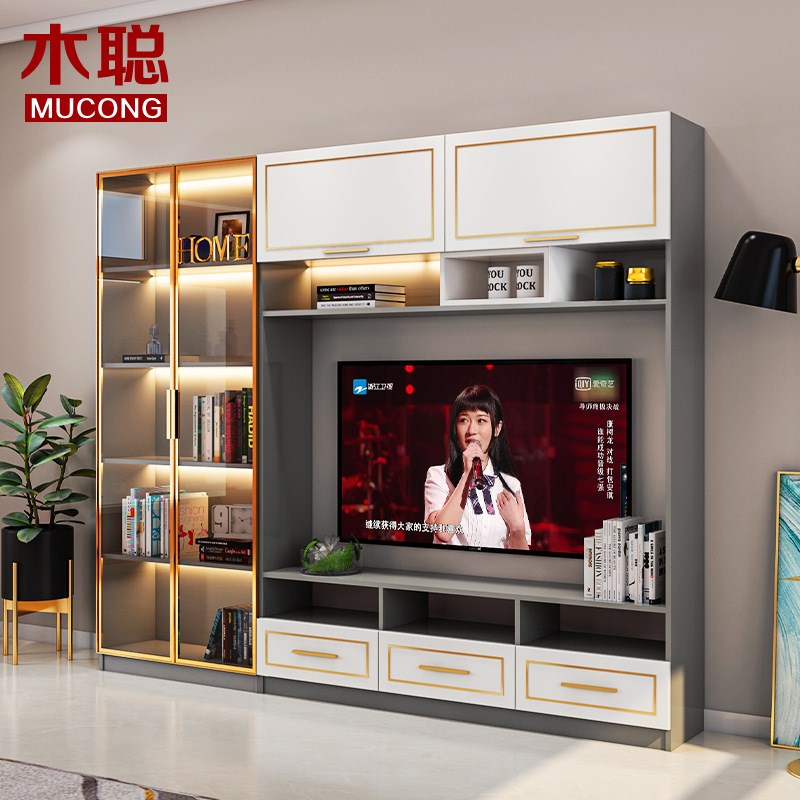电视柜小户型客厅美式现代简约玻B璃柜轻奢一体柜落地背景墙柜实