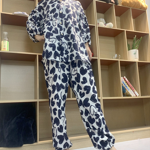 睡裤 套装 夏季 人造棉空调家居服女士七分袖 夏 长袖 棉绸睡衣女春秋款