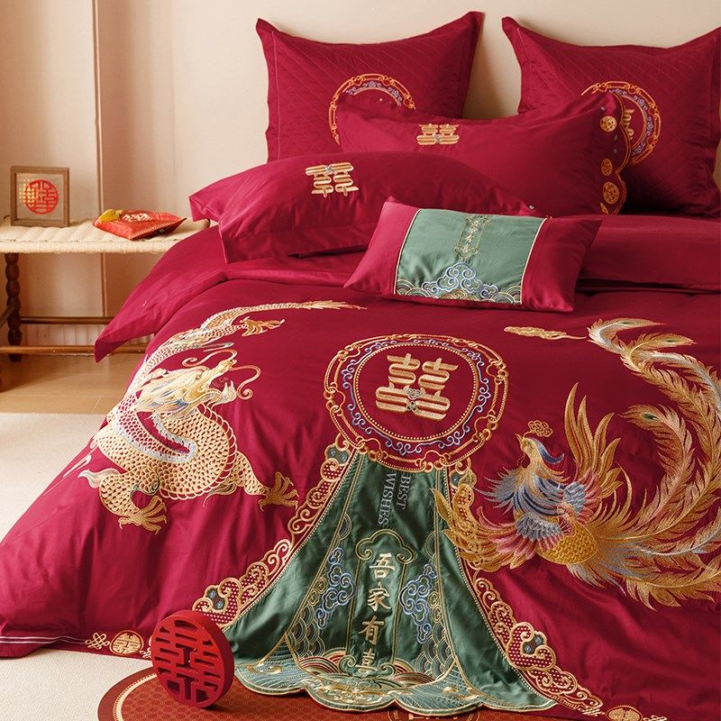 中式婚庆龙凤100支长绒棉四件套全棉结婚床盖款床单新婚床品4,床上用品,婚庆床品套件,淘宝优惠券,粉丝福利购,淘宝优惠卷