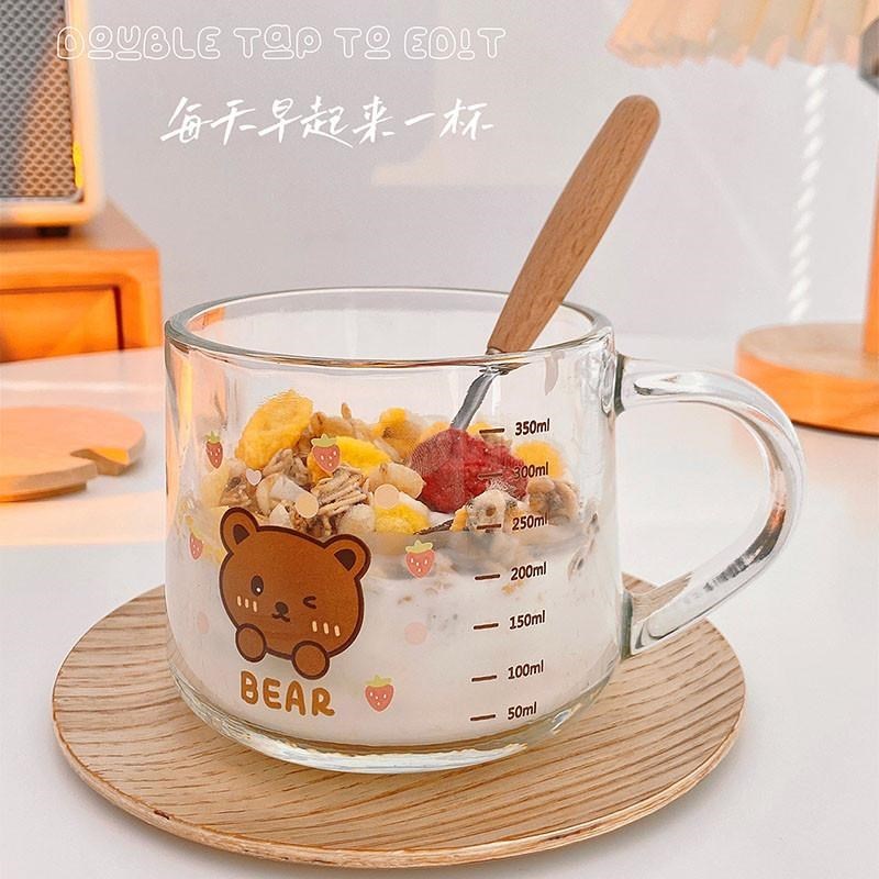 早餐杯燕麦d杯家用透明带把手杯子女生玻璃刻度牛奶杯网红便携式