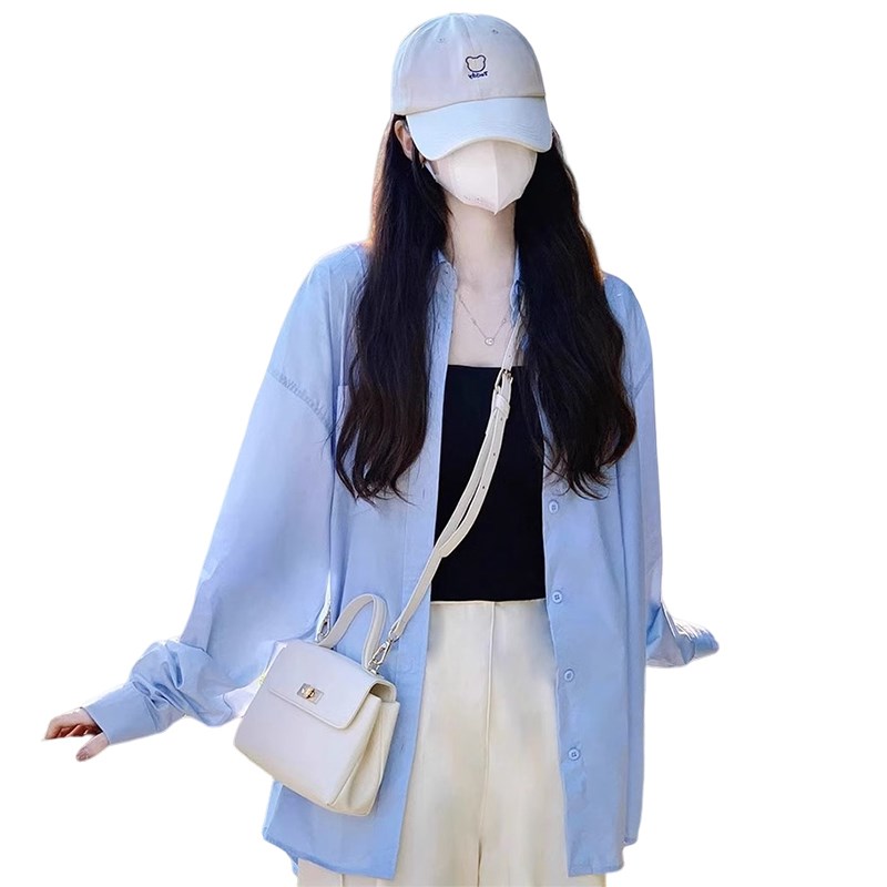 现货慵懒风防晒衬衣外套夏款甜美日系上衣春秋季设计感小众蓝色衬