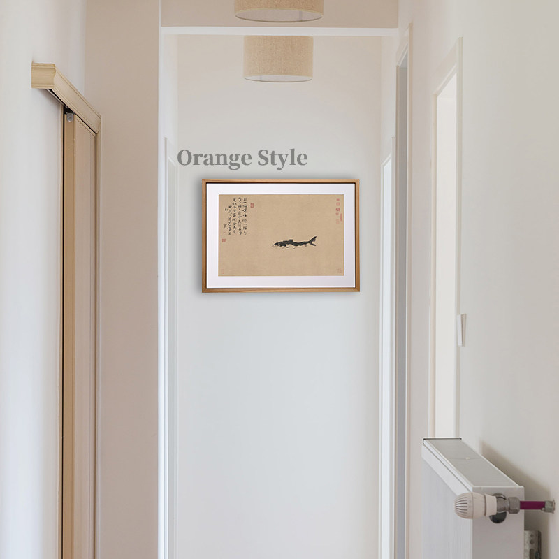 桔子格调 游鱼图 八大山人朱耷中式日式原木挂画客厅背景墙装饰画