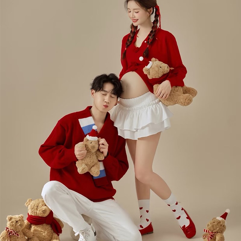 孕妇摄影服装影楼新年情侣主题红色甜美风孕妈咪大肚照衣服在家拍