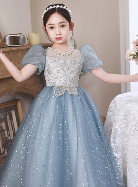 蓝色礼服公主裙夏季薄款2s023新款儿童泡泡袖甜美花童钢琴演出礼