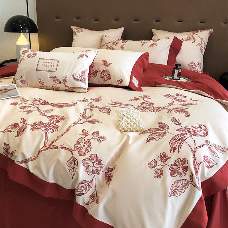 浪漫婚庆100支长绒棉四件套花鸟刺绣全棉被套结婚床上用品,床上用品,婚庆床品套件,淘宝优惠券,粉丝福利购,淘宝优惠卷