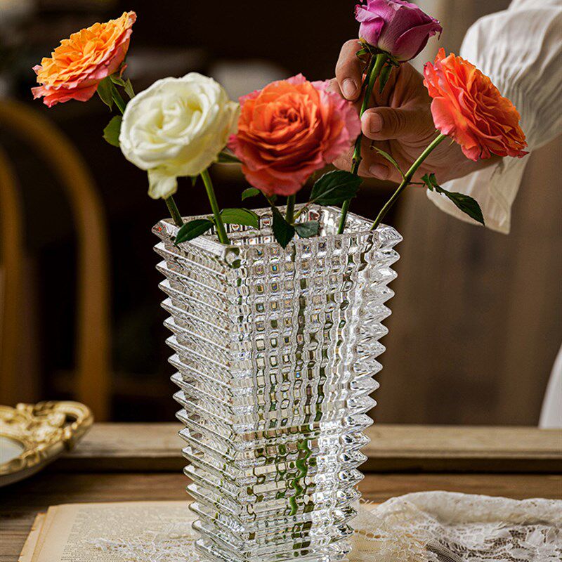 巴卡拉大口径花瓶洋牡丹玫瑰花专用鲜花插花宽口玻璃透明方形水养
