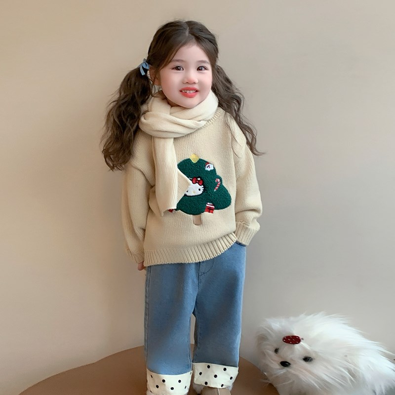 儿童圣诞毛衣2024秋冬季新款加厚节日衣服女宝宝洋气针织冬装上衣