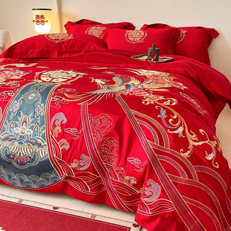 中式婚庆四件套大红色龙凤刺绣被套结婚床上用品婚房喜被,床上用品,婚庆床品套件,淘宝优惠券,粉丝福利购,淘宝优惠卷