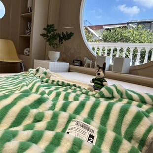 秋冬柔顺加厚兔兔绒绿色条纹毛毯泰迪绒午休毯盖毯卧室沙发休闲毯