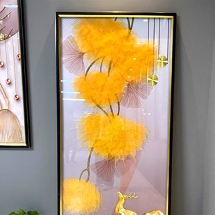现代简约玄幻装饰画竖版走廊福鹿壁画玄关挂画金色银杏叶子实物画
