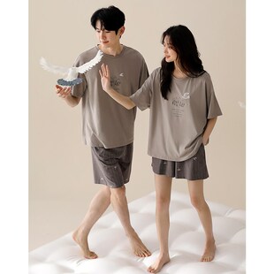 女休闲圆领套头家居服可出门夏天男套装 短裤 情侣睡衣纯棉短袖 夏季
