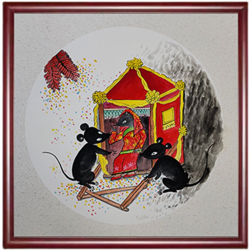 现代中式手绘国画老鼠娶亲贺岁画客厅办公o室酒店装饰画玄关挂画