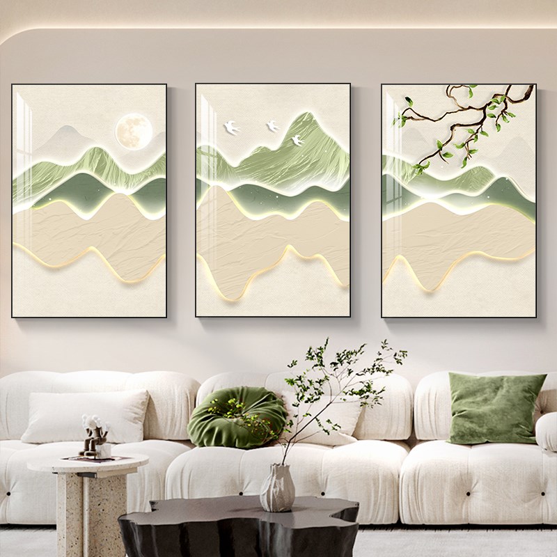 现货现代轻c奢客厅装饰画山水画新中式高档简约三联壁画沙发背景