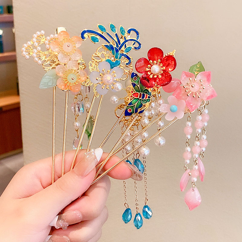 热销钗子发簪古风儿童步摇简约流苏花朵珍珠吊坠汉服头饰女童盘发