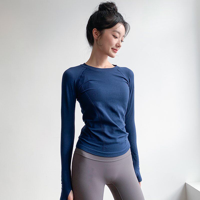 瑜伽服女圆领紧身高弹显瘦运动长袖跑步速干健身服套装秋冬款