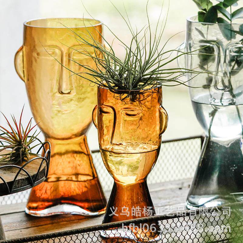 摆件网红透明玻璃花瓶客厅人脸创意插花摆设饰品皓杨彩色