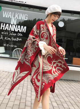 复古围巾民族风披肩加厚保暖w长款披风女春夏斗篷外套丽江旅游披