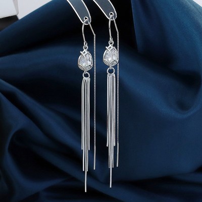 S925纯银耳线女韩版气质郁金香耳环长款流N苏时尚网红潮百搭 耳饰