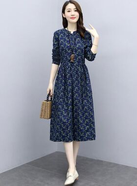 碎花棉麻连衣裙中长款2024春秋新款气质显瘦长袖轻熟风妈妈装裙子
