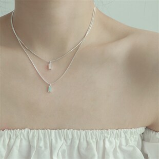 因缺斯汀矩形水钻银色链条项链叠A戴气质简约吊坠女日韩百搭温柔