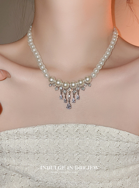 白色珍珠项链女款2023新款爆款时尚锁骨链高级感轻奢小众颈链
