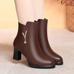 棉鞋女款冬季新款粗跟高跟短靴加绒保暖不累脚妈妈棉鞋配裙子靴子