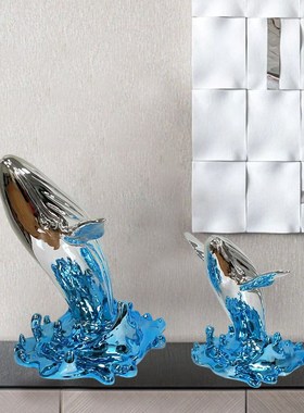 创意鲸鱼落地摆件海豚雕塑售楼处大堂酒店玻璃钢电镀银色艺术装置