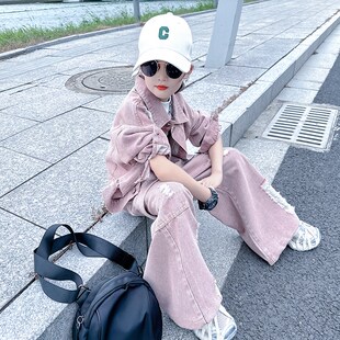 女大童春秋装牛仔套装2024新款儿童洋气炸街韩版工装阔腿裤两件套