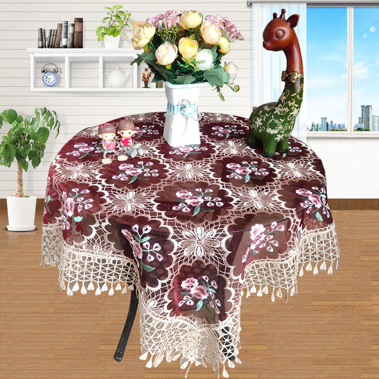 植物花卉蕾丝桌布餐桌布长方形绣花茶几布电视柜盖布酒红牀头柜巾
