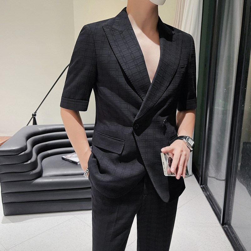 中袖西服套装男士夏季薄款高级感暗纹格子百搭修身九分裤西装潮流