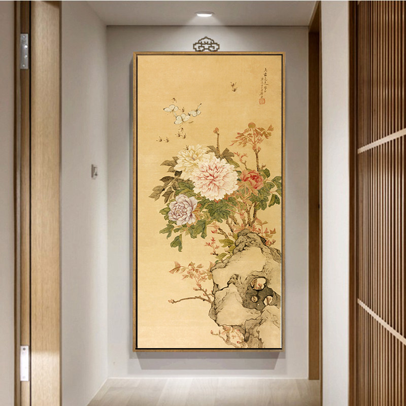 花开富贵牡丹挂画入户玄关装饰画新中式竖版过道走廊尽头壁画餐厅