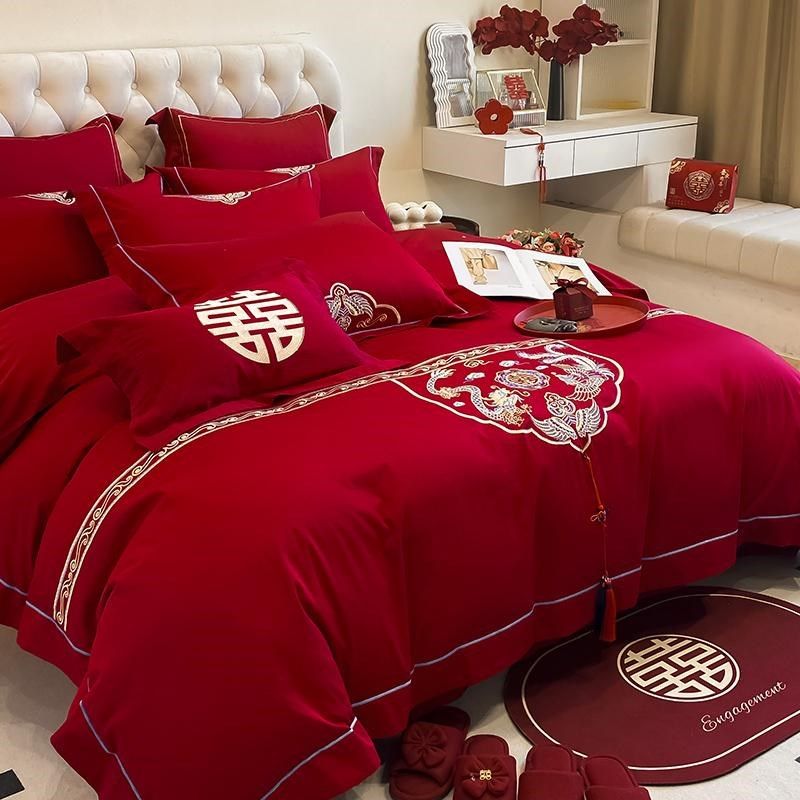 新中式龙凤结婚四件套全棉2024新款红色刺绣被套婚庆床上用品,床上用品,婚庆床品套件,淘宝优惠券,粉丝福利购,淘宝优惠卷