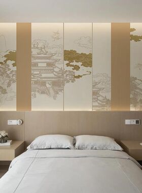 3d立体感新中式古建筑壁纸客厅背景墙纸高档酒店主卧装修壁画墙布