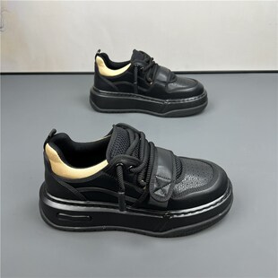 2024夏季新款运动休闲鞋魔术贴打孔透气一脚蹬厚底增高板鞋潮男鞋