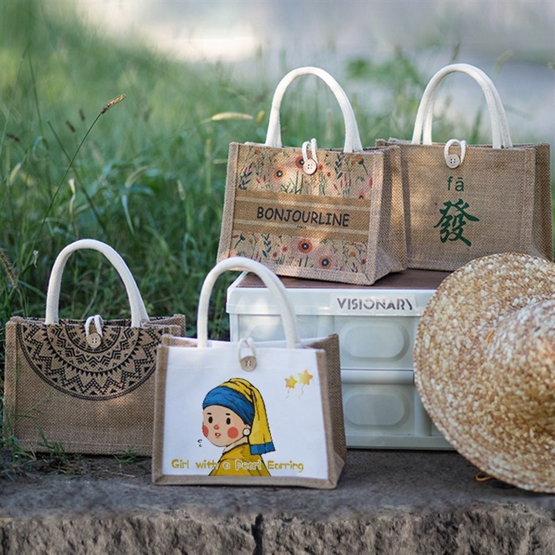 手提袋亚麻麻布袋女时尚外出y学生拎书防水便当饭盒袋子帆布包