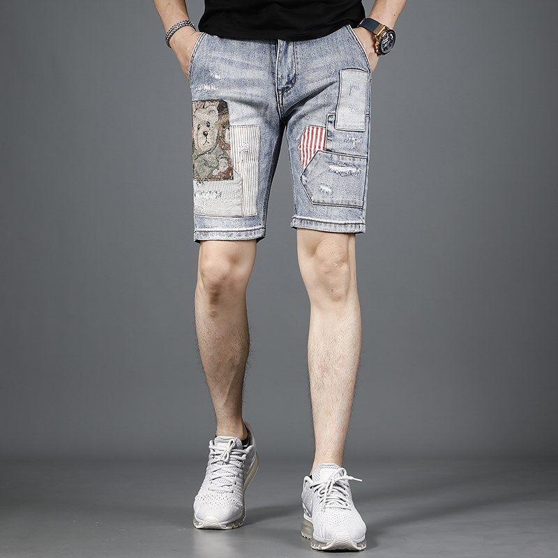 2024夏季新款牛仔短裤男五分裤破洞拼接刺绣个性潮流男士中裤潮牌,男装,牛仔裤,淘宝优惠券,粉丝福利购,淘宝优惠卷