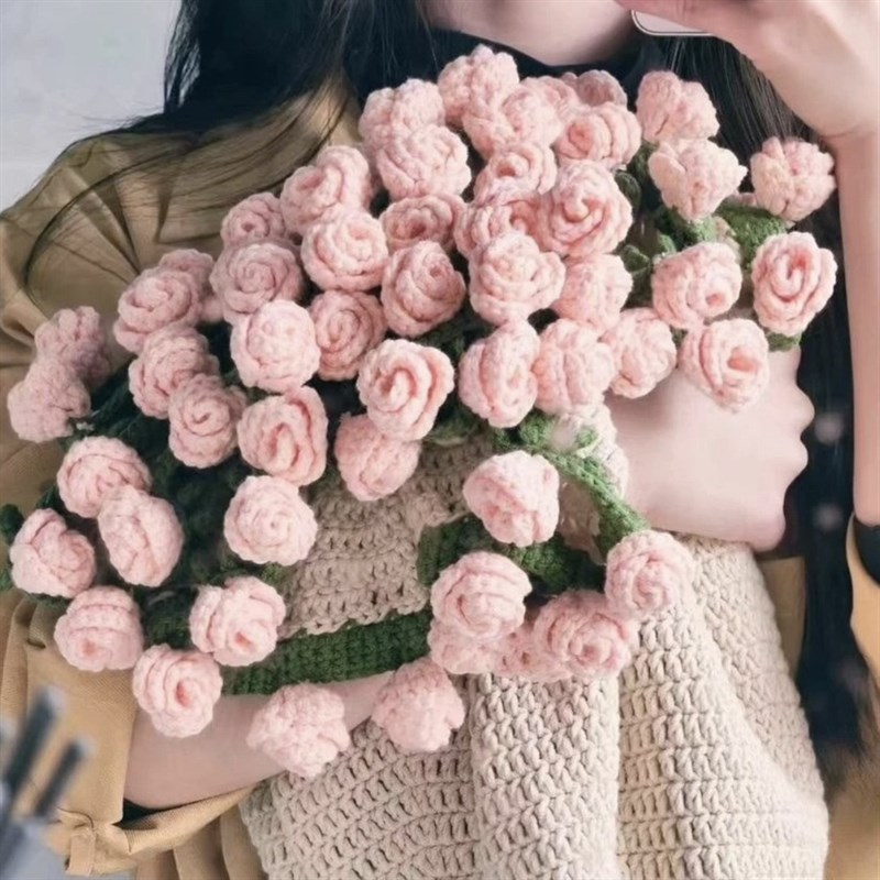 玫瑰花束毯子手工编织diy材料包毛线团钩织花朵毛毯铃兰花毯成品