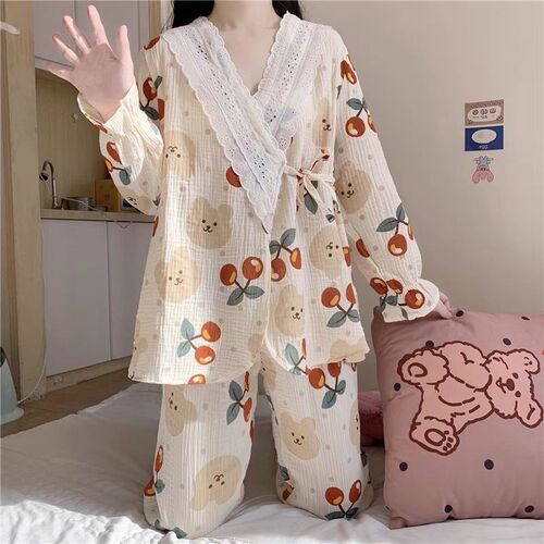 睡衣春秋款法式2021新款蕾丝韩系小清新V领长袖学生家居服女套装