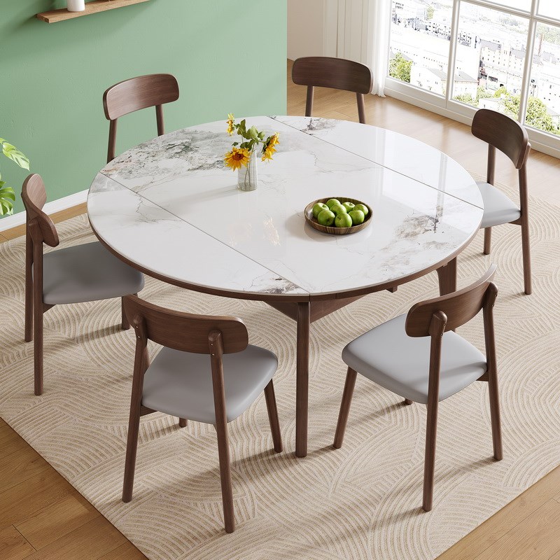 复古风可伸缩餐桌可变q圆桌折叠小户型家用实木岩板饭桌黑胡桃木