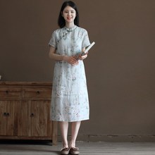 三五年Q782中式苎麻印花改良旗袍宽松文艺国风中长a字连衣裙女夏