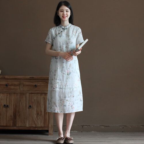 三五年Q782中式苎麻印花改良旗袍宽松文艺国风中长a字连衣裙女夏