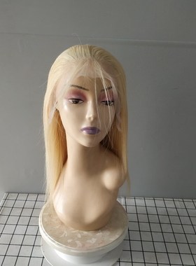 金黄色613真人发丝全头套蕾丝假发全头直发45cm女中长发真发头套