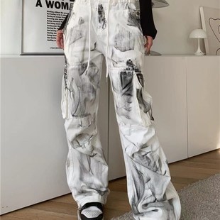 高街复古扎染多口袋工装 宽松高腰直筒阔腿裤 牛仔裤 女装 潮 大码 美式