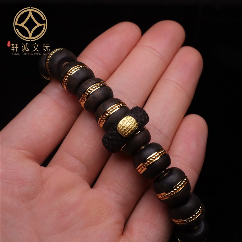 古法金配件d天然沉香木老型镶嵌桶珠龙纹跑环搓金DIY文玩配饰手串