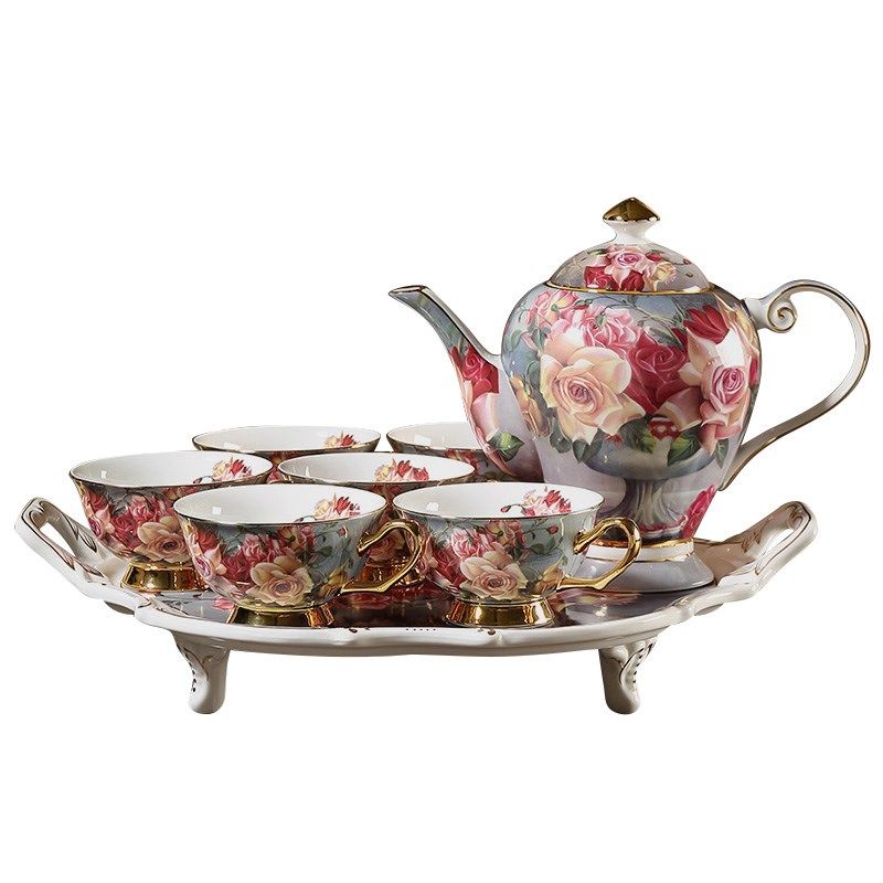 古典玫瑰欧式骨瓷咖啡茶具套装茶道奢华陶瓷下午茶茶壶杯具带托盘