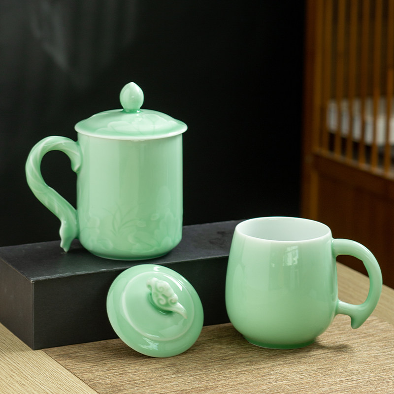 青瓷茶杯大容量办公室带盖会议水杯陶瓷个人情侣泡茶杯子礼品定制,餐饮具,茶杯,淘宝优惠券,粉丝福利购,淘宝优惠卷